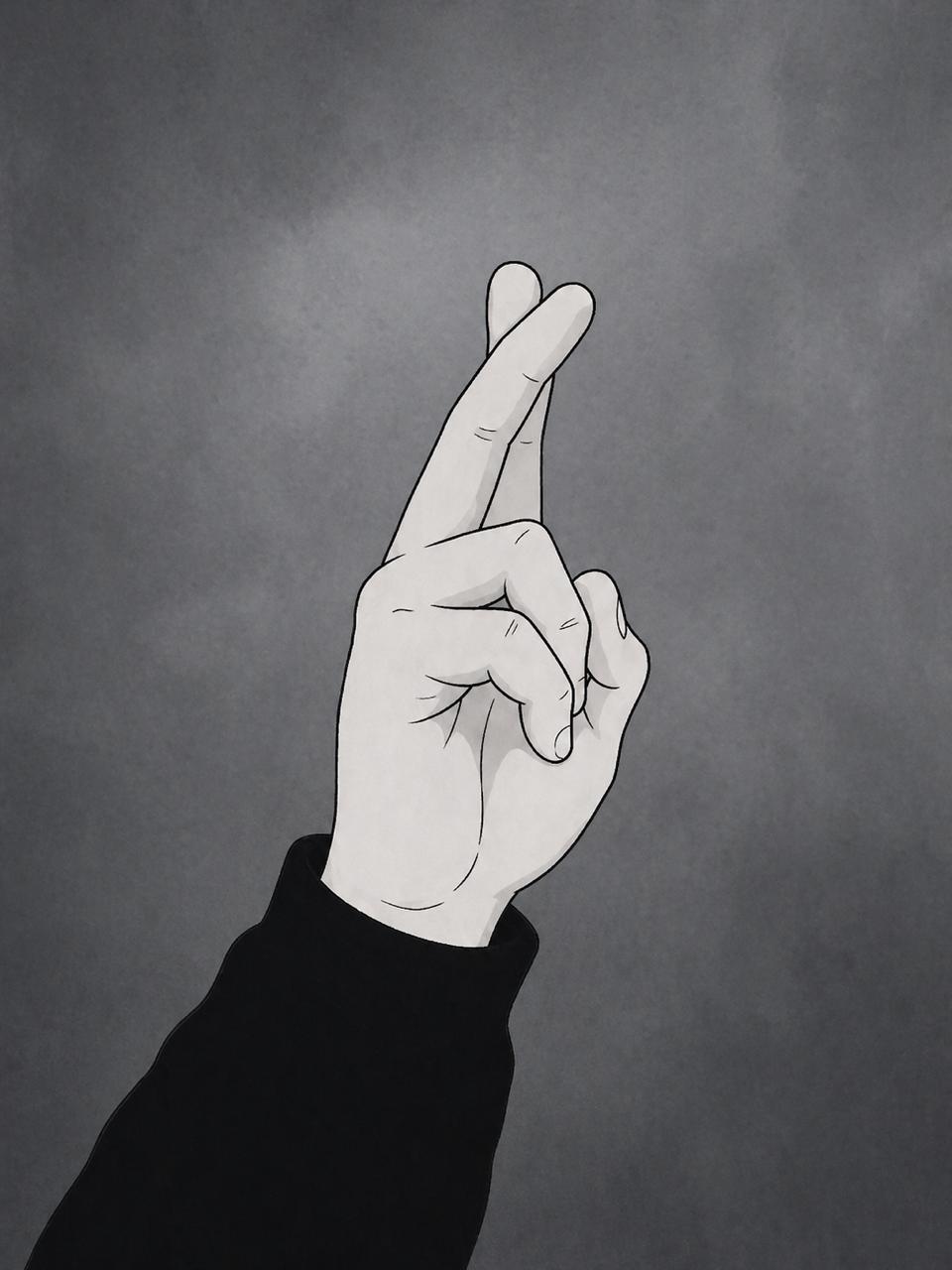 Black and white crossed fingers illustration