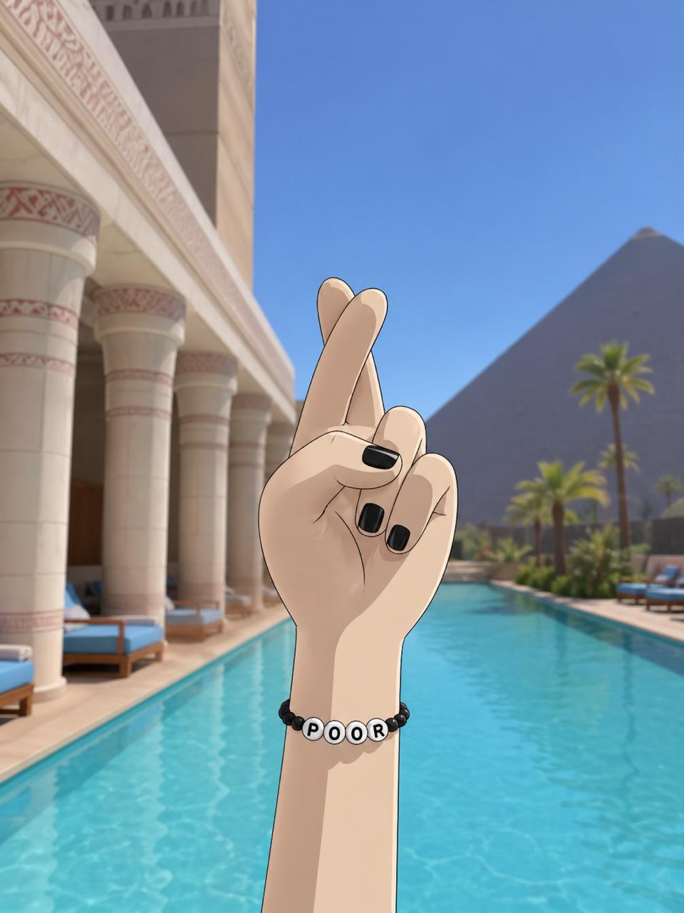 Crossed fingers by a bright resort pool
