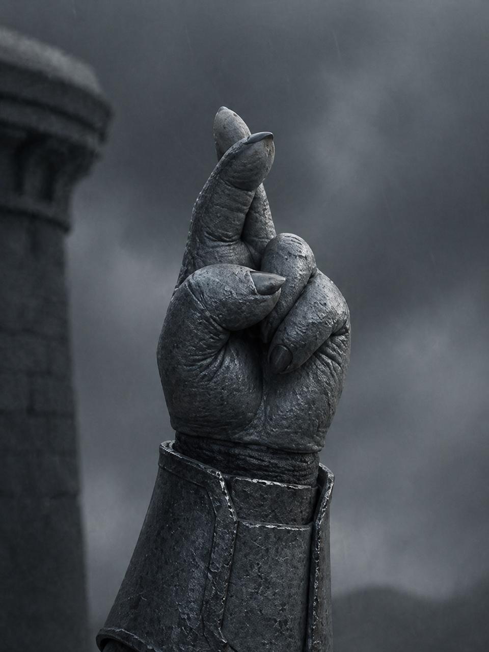 Stone crossed fingers in a storm