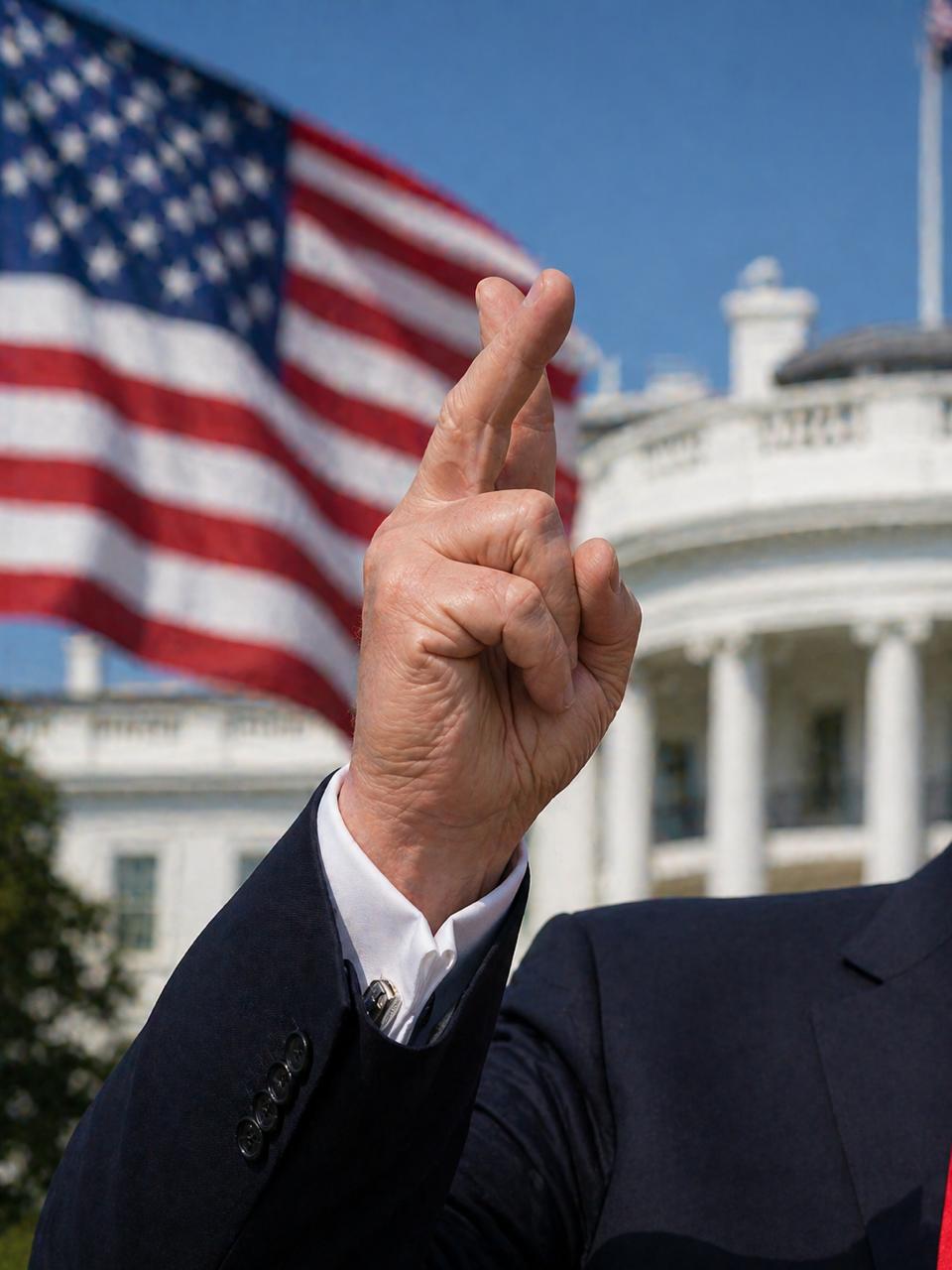 Crossed fingers near a flag