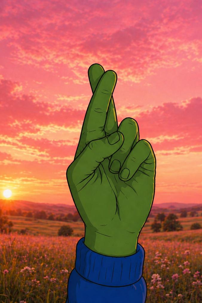 Green crossed fingers at sunset