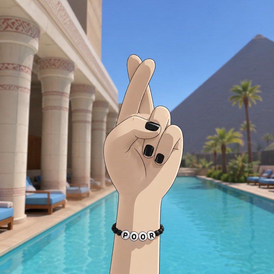 $LET main token artwork: crossed fingers by a resort pool